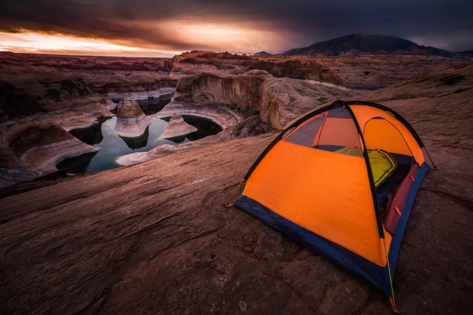 Small Orange Tent Lake Powell Reflection Canyon Beautiful Sunrise USA Travel