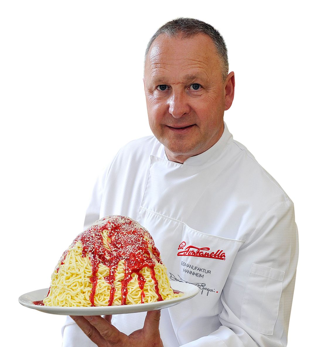 Dario Fontanella displays a serving of spaghetti eis