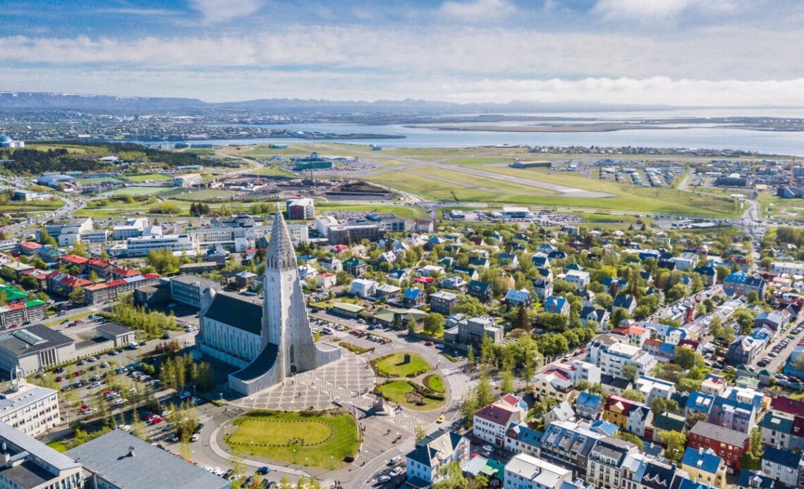 Aerial photo of Reykjavik Iceland city scape from the top with Hallgrimskirkja church.