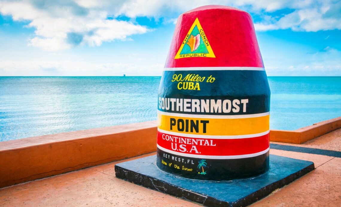 Empty scenic view of the colorful concrete buoy marking the southernmost point of the continental USA