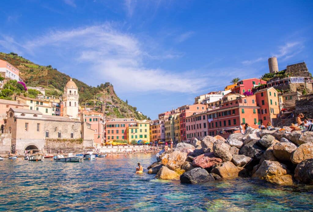 looking at colored buldings of vernazza from shore