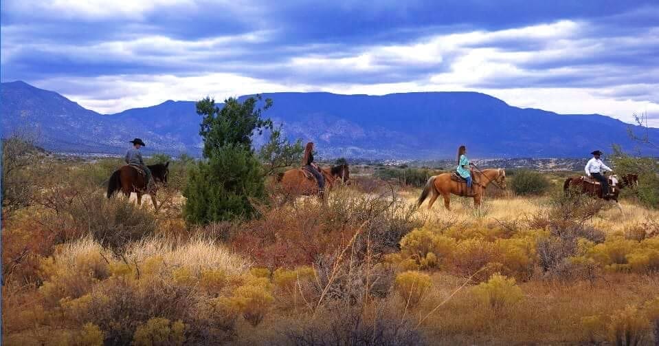 Horseback riding group with Arizona backdrop