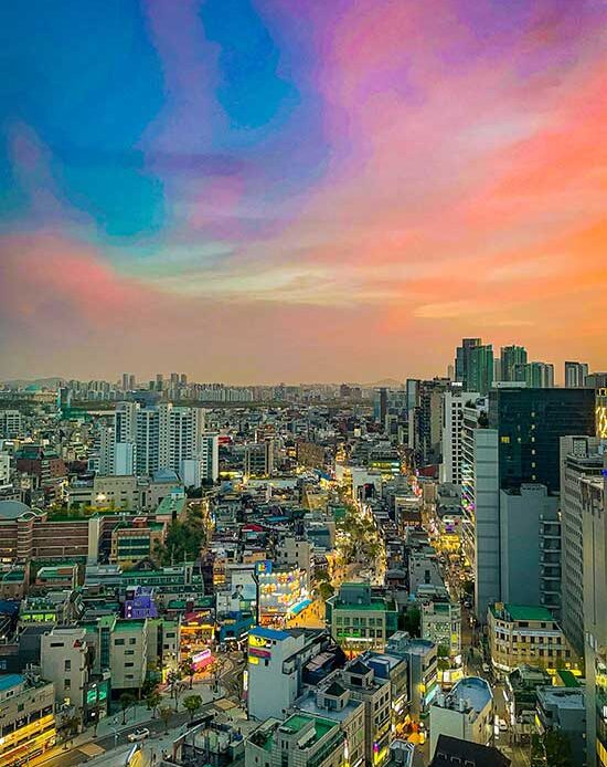 The view of Hongdae Shopping Street from Above - View from Muinsa Terrace Cafe