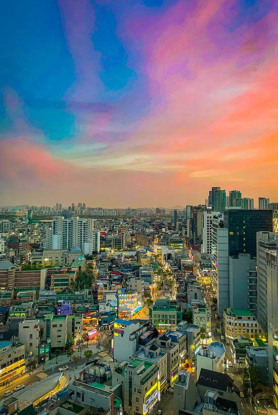 The view of Hongdae Shopping Street from Above - View from Muinsa Terrace Cafe