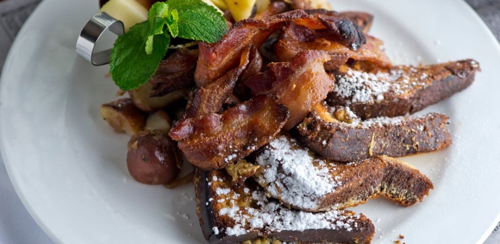 French Toast with maple syrup and  bacon
