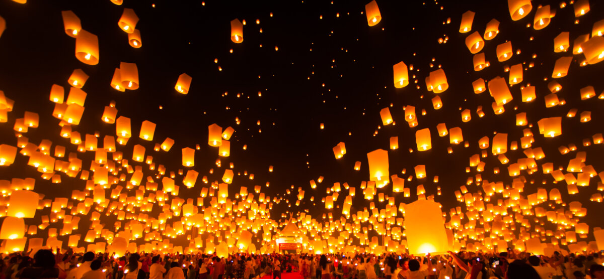 Sky filled with lanterns in Yee Peng Festival