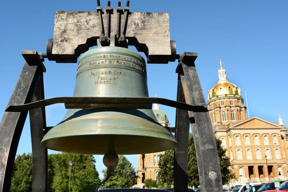 Liberty Bell replica in front of the State Capitol Building in Des Moines, Iowa.