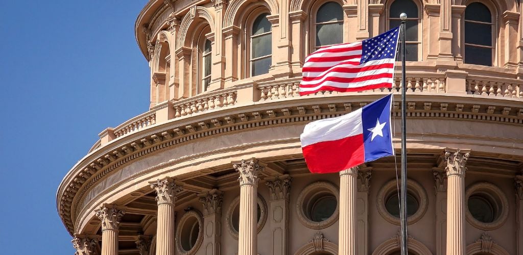 texas state capitol in austin with the american flag and usa flag