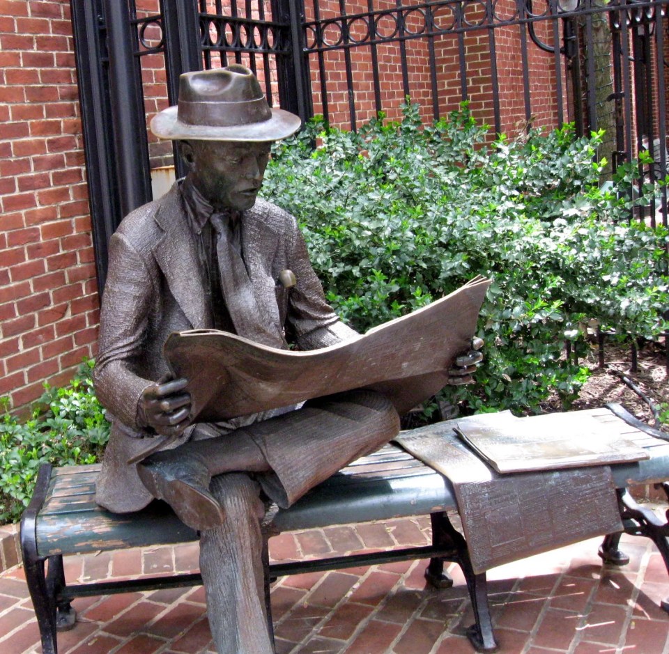 "The Newspaper Reader," by J. Seward Johnson, Jr. Cast in the late 1970s, the piece was installed in Steinman Park on King Street in downtown Lancaster, Pennsylvania in June of 1981. It is located very near Penn Square in the center of town.