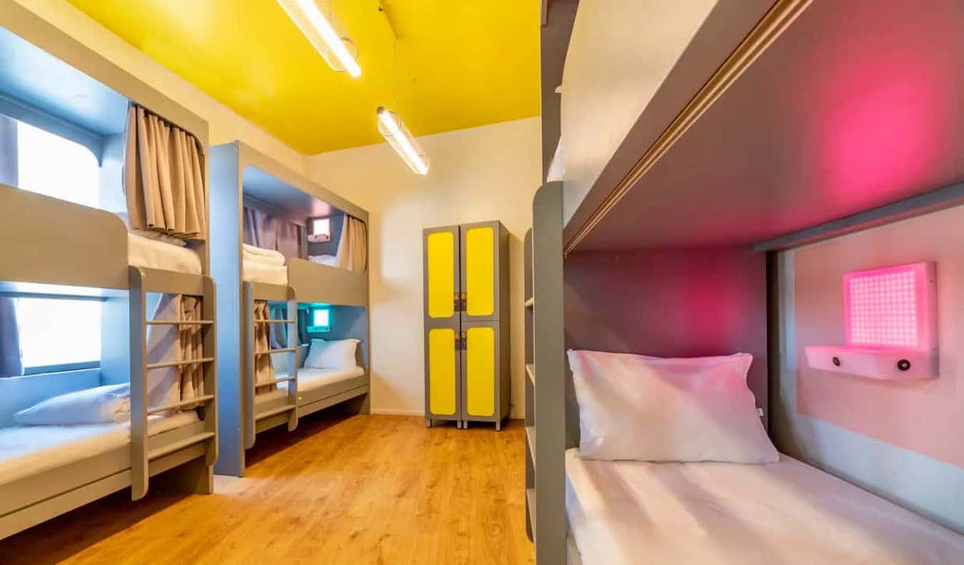 A colorful dorm room at the Stay Inn hostel in Jerusalem, Israel