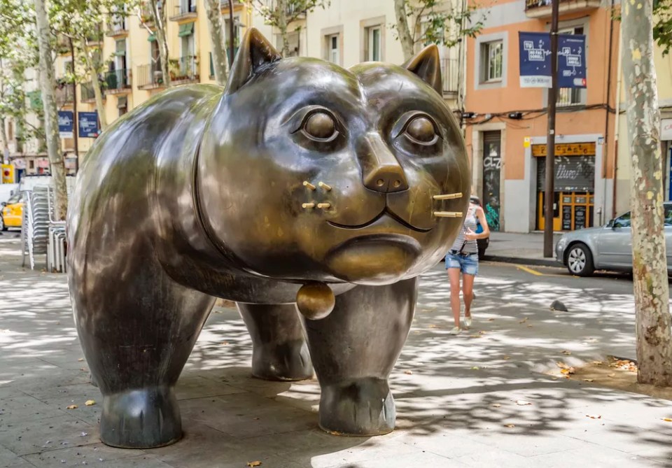 Sculpture El Gato de Botero of cat in the El Raval district of Barcelona