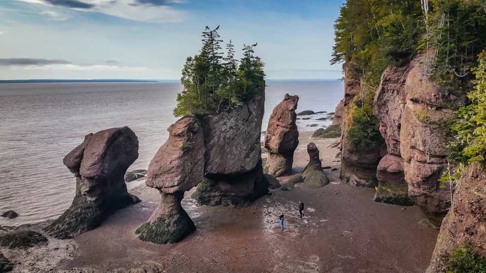 Hopewell Rocks Park in Canada, located on the shores of the Bay of Fundy in the North Atlantic Ocean