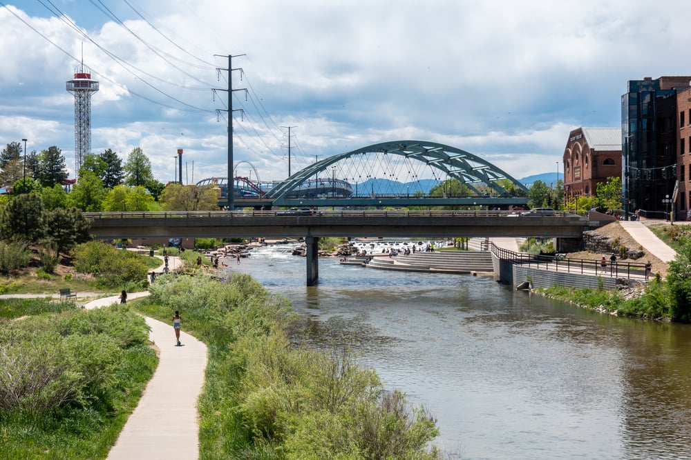 View of South Platte River Trail in Confluence Park, Denver, Colorado