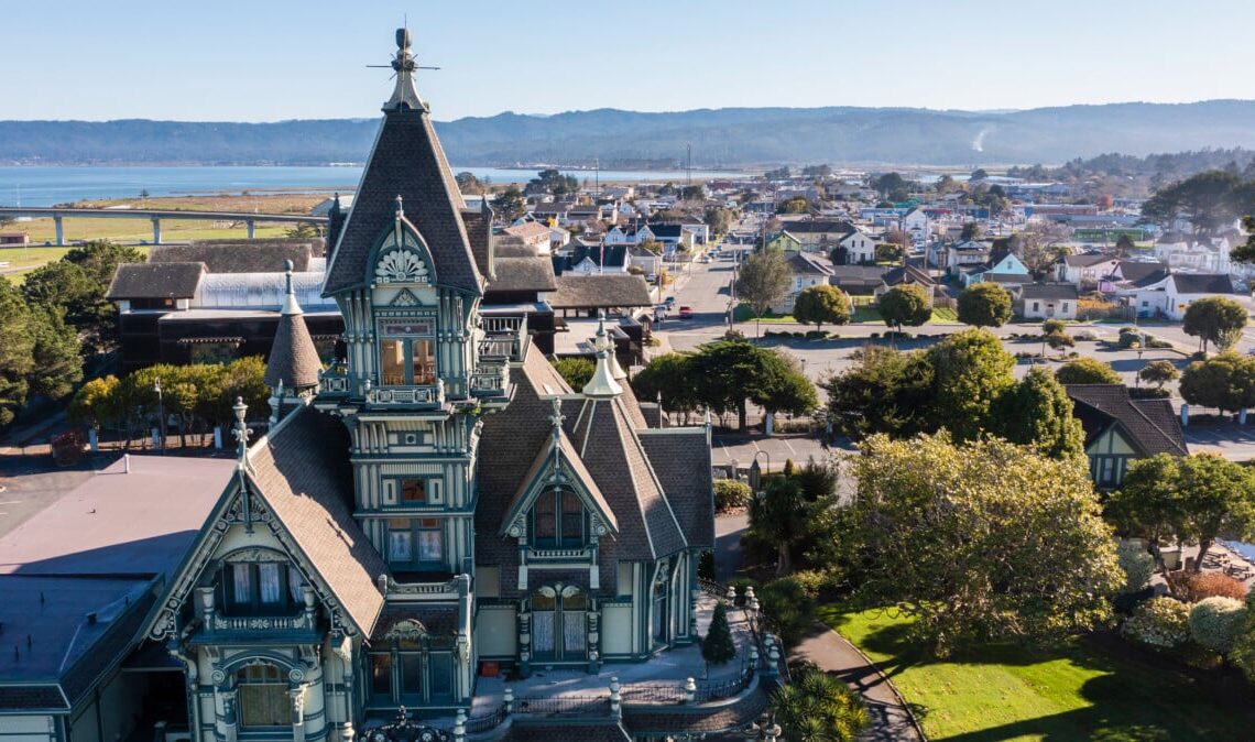 Aerial view of the historic downtown of Eureka, California, USA