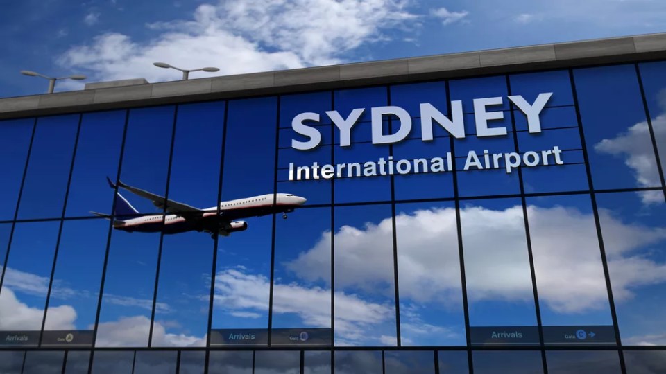 Jet aircraft landing at Sydney, Australia 3D rendering illustration. Arrival in the city with the glass airport terminal and reflection of the plane. Travel, business, tourism and transport concept.