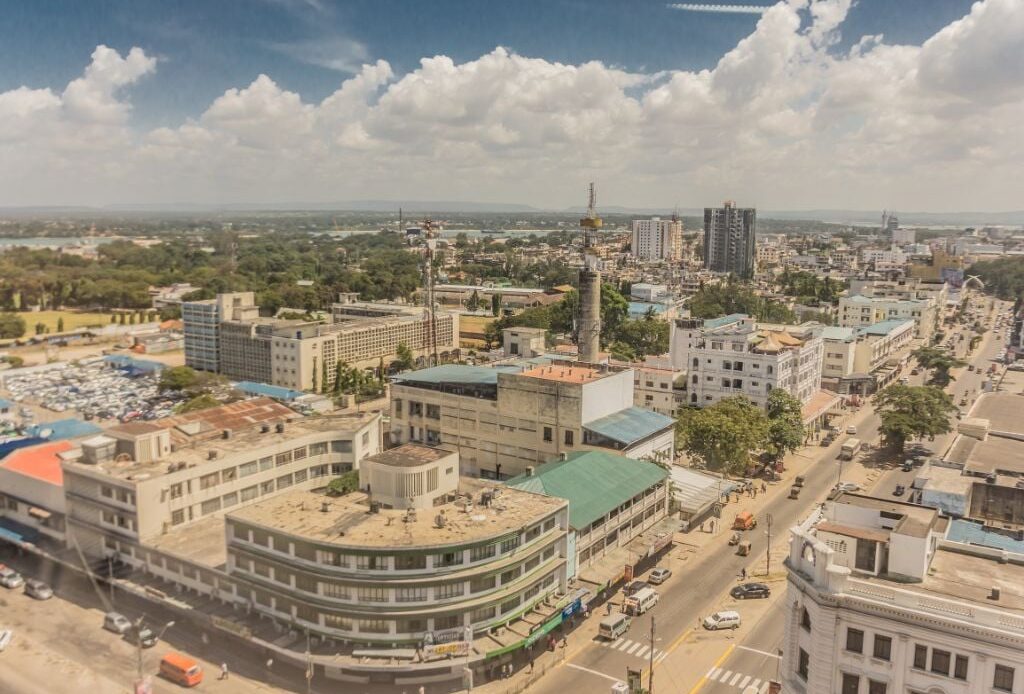 mombasa island city with buildings and cars