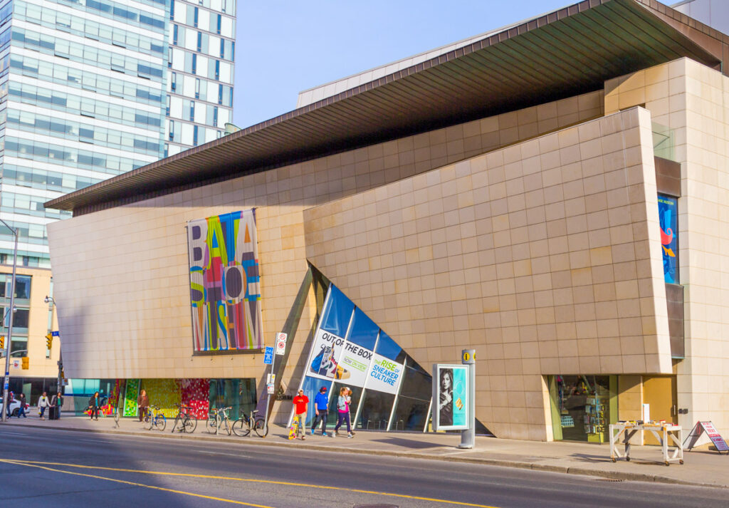  The outside of the Bata Shoe Museum in Toronto during the day.