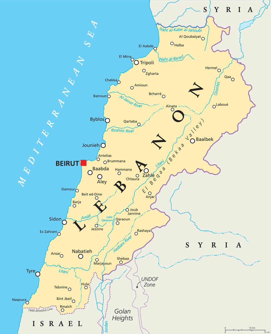 <p>Lebanon sits on the Mediterranean Sea, sharing the border with Israel to the south</p>