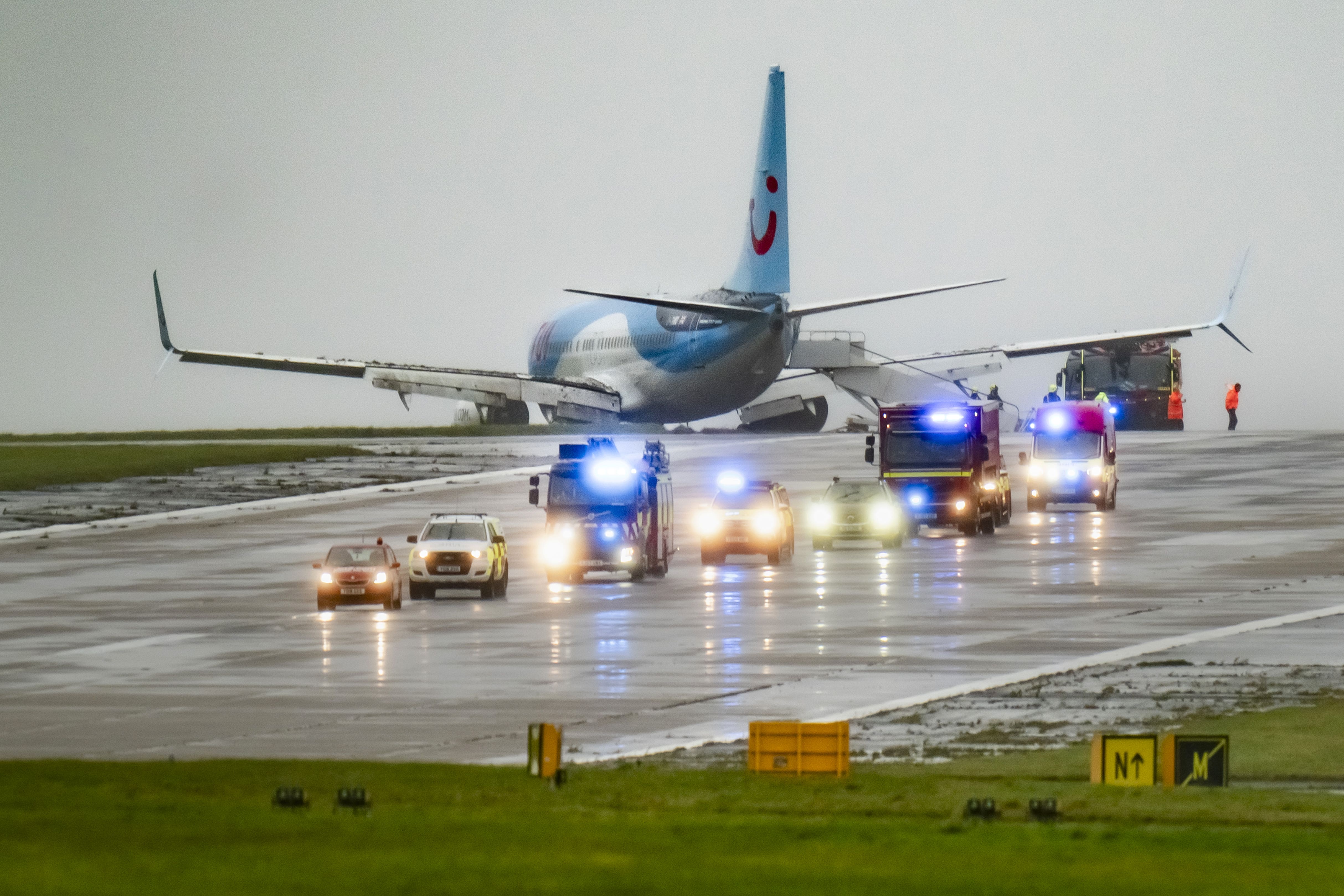 <p>Emergency services attended the scene after a passenger plane came off the runway at Leeds Bradford Airport </p>