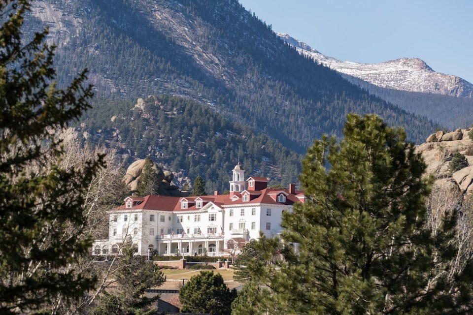 View of the historic Stanley Hotel in the Rocky Mountains of Estes Park