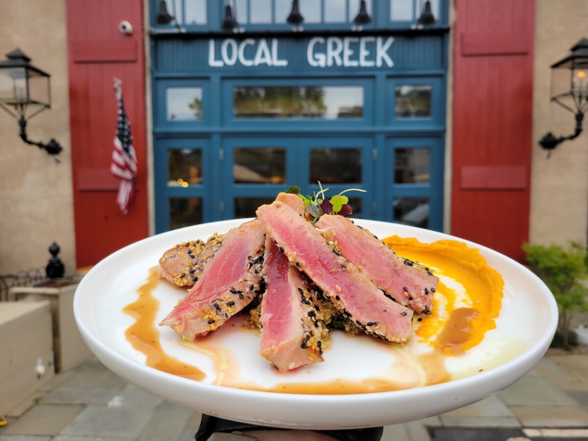 A seafood dish in front of the Local Greek restaurant in Lambertville, New Jersey