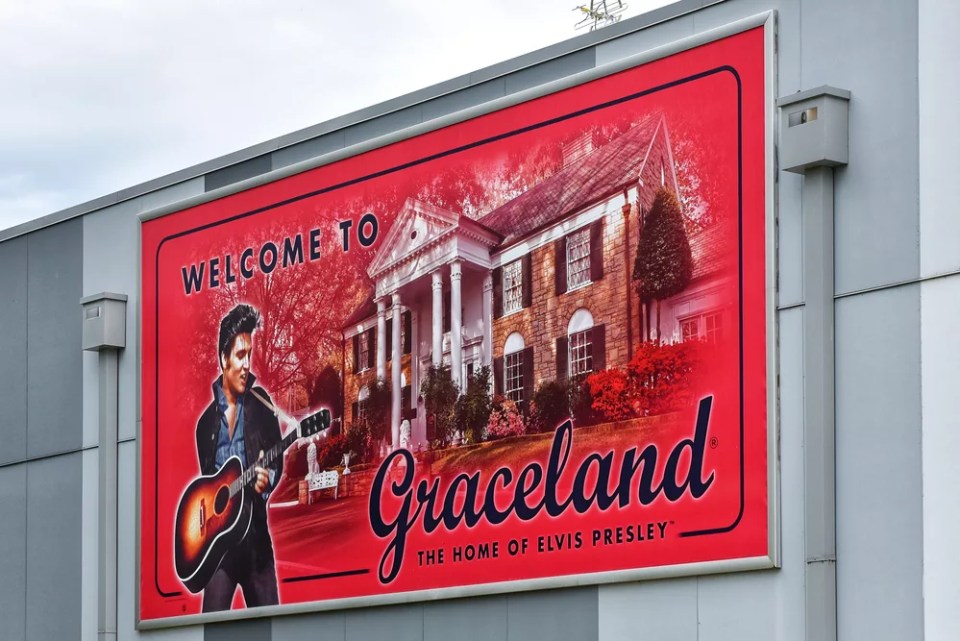 Entrance to the Graceland complex featuring sign of Elvis.