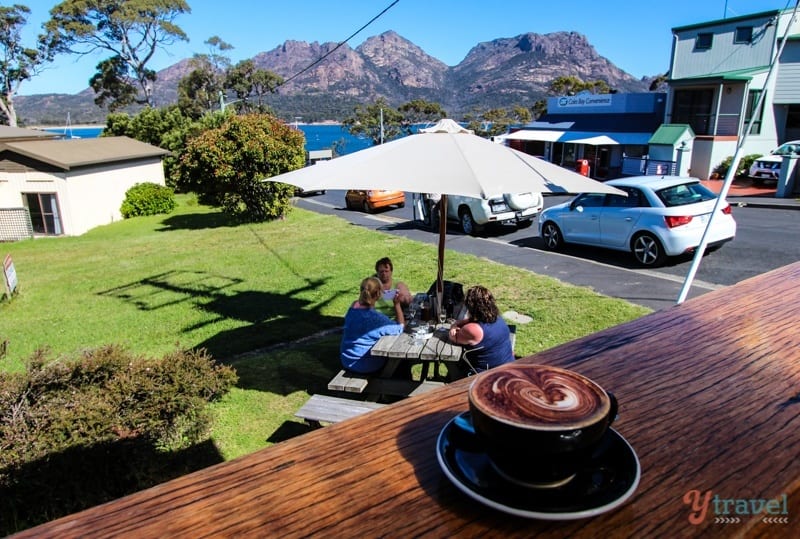 coffee on cafe bench with views of  the hazard mountains