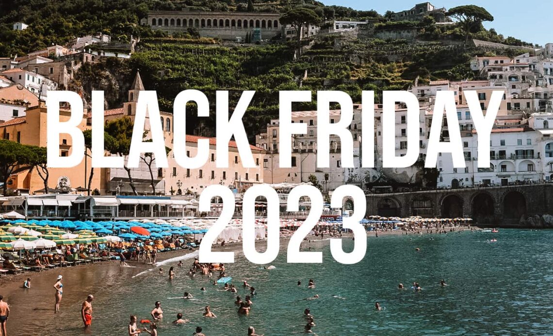 A Black Friday banner over a photo of people enjoying life at the beach