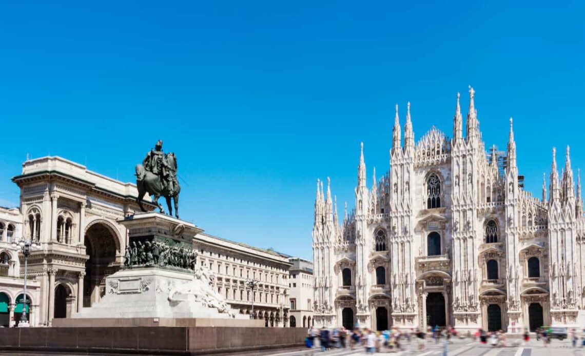 The towering cathedral in Milan, Italy on a sunny summer day