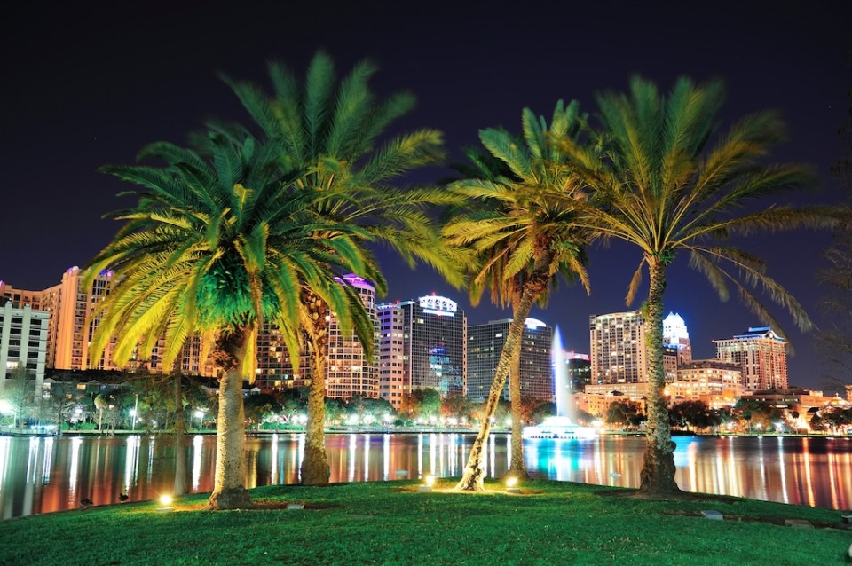 Orlando downtown skyline panorama over Lake Eola at night with urban skyscrapers, tropic palm tree and clear sky.