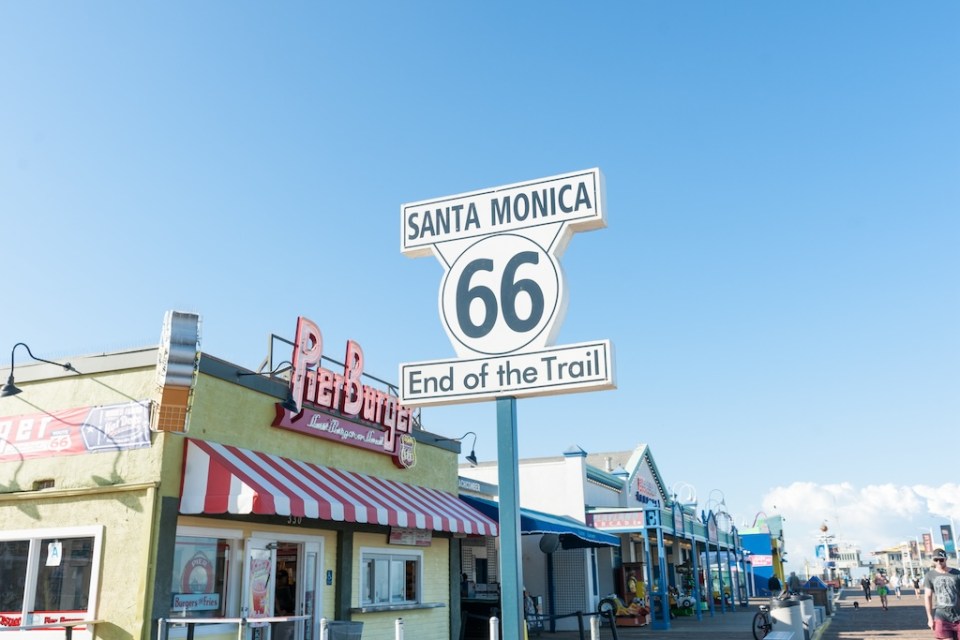 Route 66 Santa Monica  End of Trail sign on , Santa Monica Pier Los Angeles California,USA.