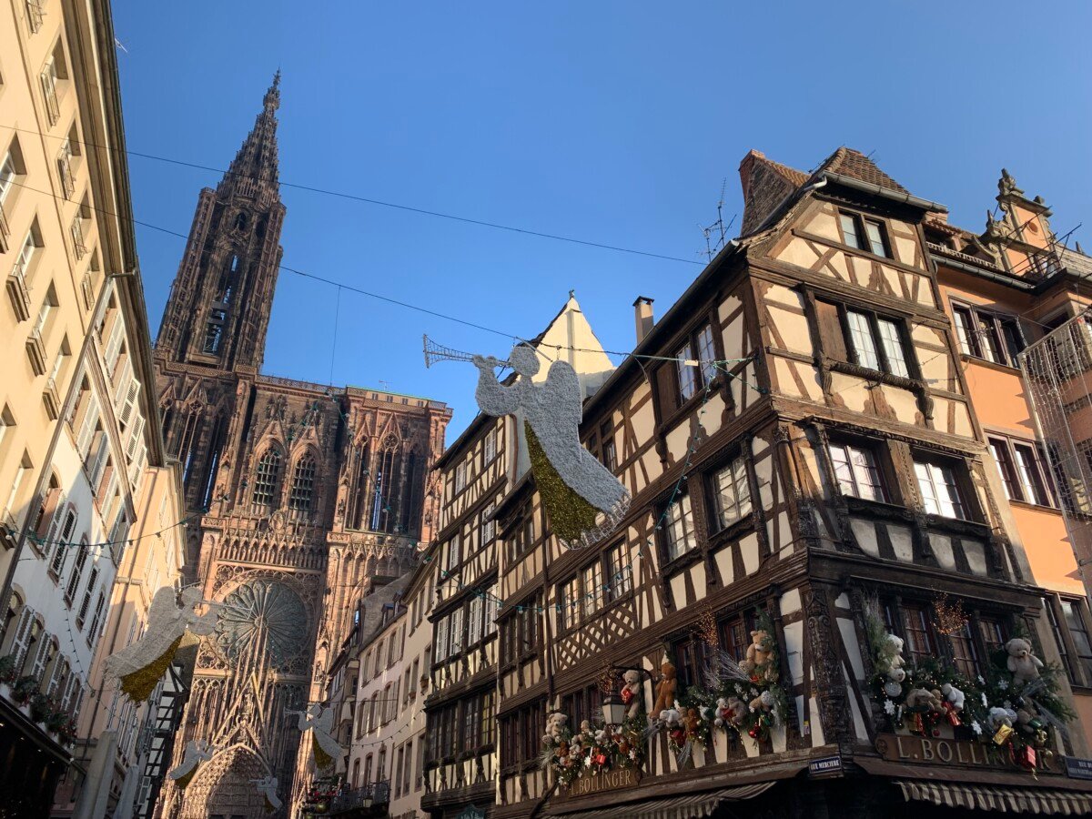 Christmas decorations in Strasbourg, France with the Strasbourg Cathedral in the background