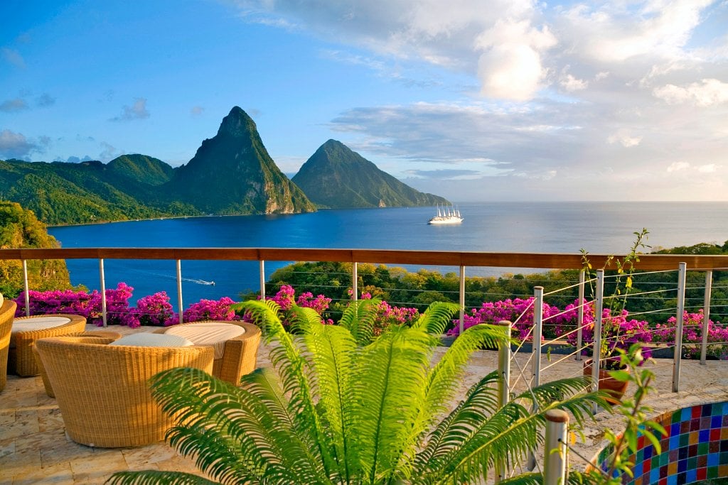 The Piti and Gros Piton mountains and the Caribbean Sea view from Jade Mountain Resort in St. Lucia