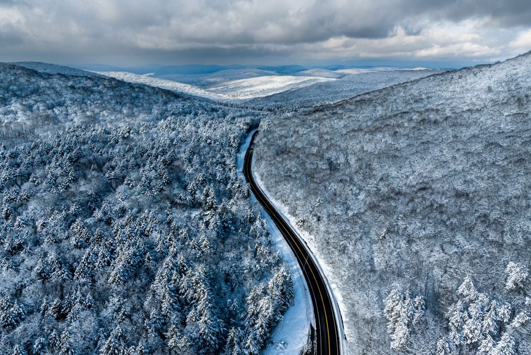 a road in winter seen from above