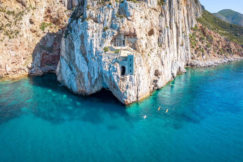 Aerial view of sea and coastline, Sardinia, Italy. Porto Flavia