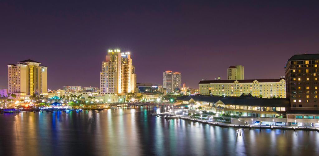 river and buildings and city lights at night.