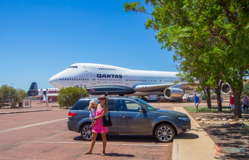 woman and dhild outside Qantas Museum, Longreach, Queensland