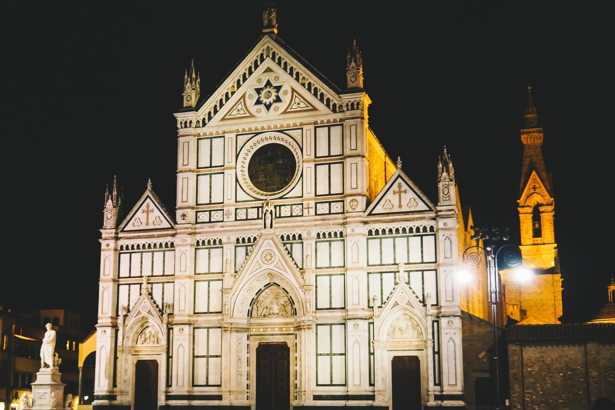 Illuminated Santa Croce Basilica at night in Florence