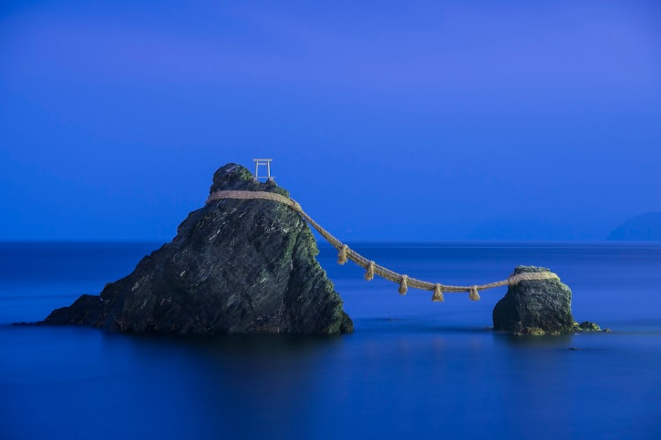 Meoto Iwa Rocks, Futami, Mie Prefecture, Japan. Known in English as the "wedded rocks," they are considered sacred and represent husband and wife.