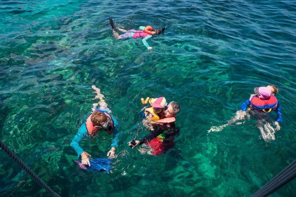 Four snorkelers in the neon teal water at Pennekamp State Park in Key Largo.