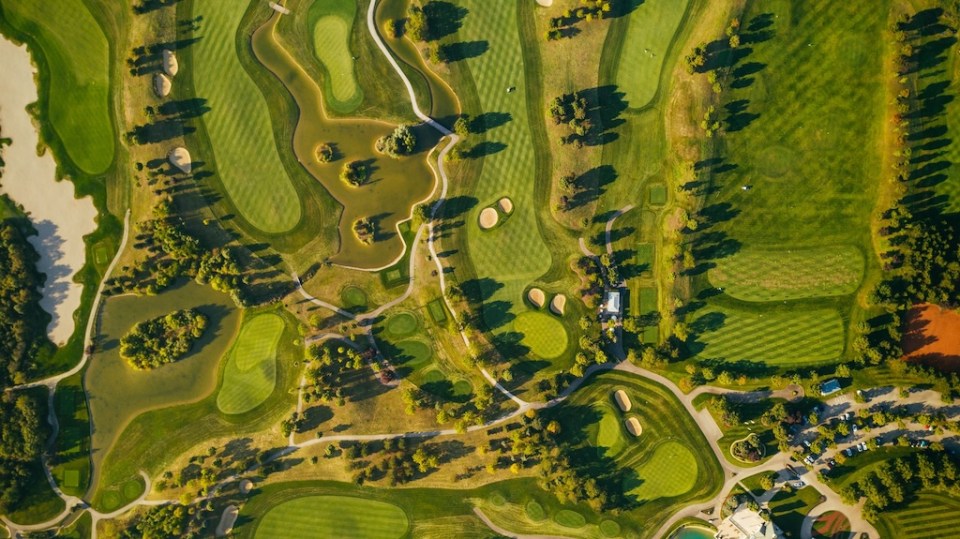 An aerial shot of the fields of Golf course in Oberwaltersdorf, Austria
