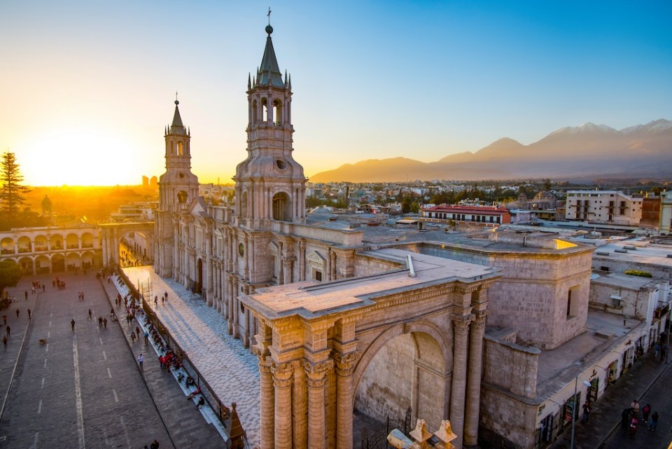 The Basilica Cathedral of Arequipa on sunset, Arequipa in Peru