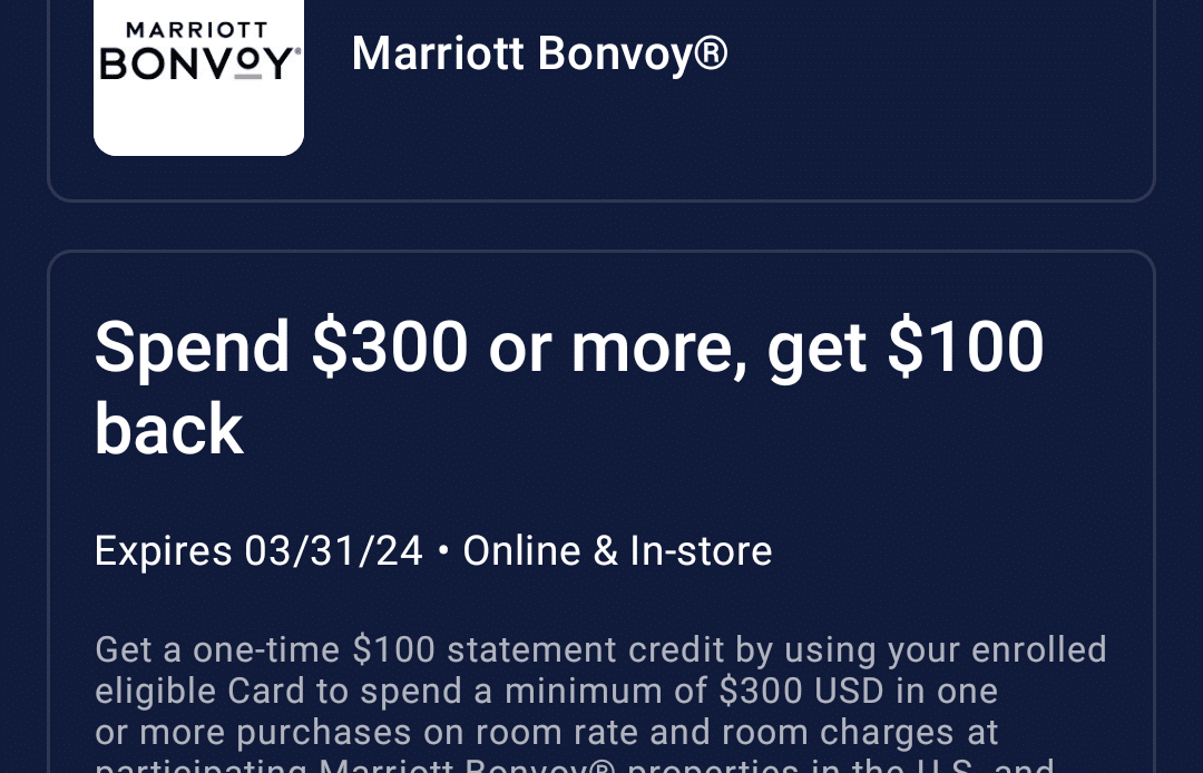 Marriott Amex US Offer: Spend $300, Get $100 at North American Hotels (Targeted)