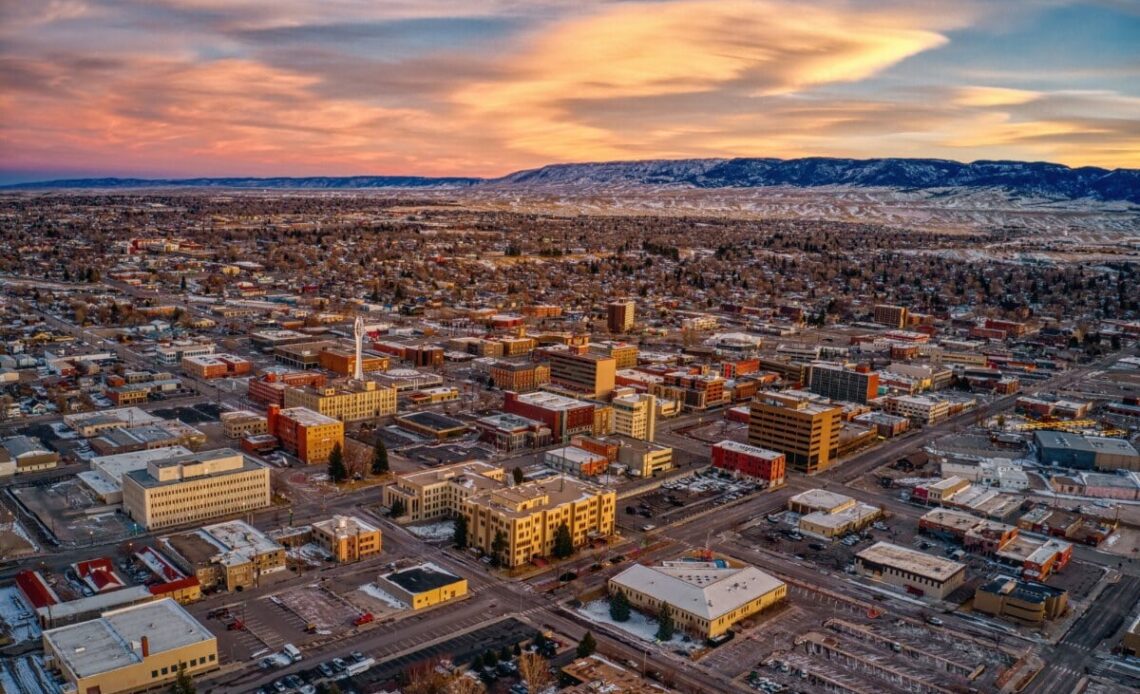 Aerial and Sunset View of Downtown Casper, Wyoming