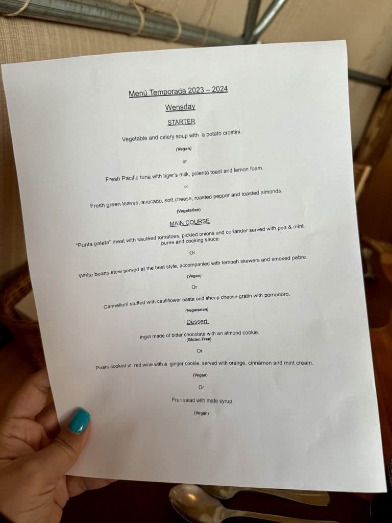 A dinner menu featuring vegetarian and vegan options for all three courses.
