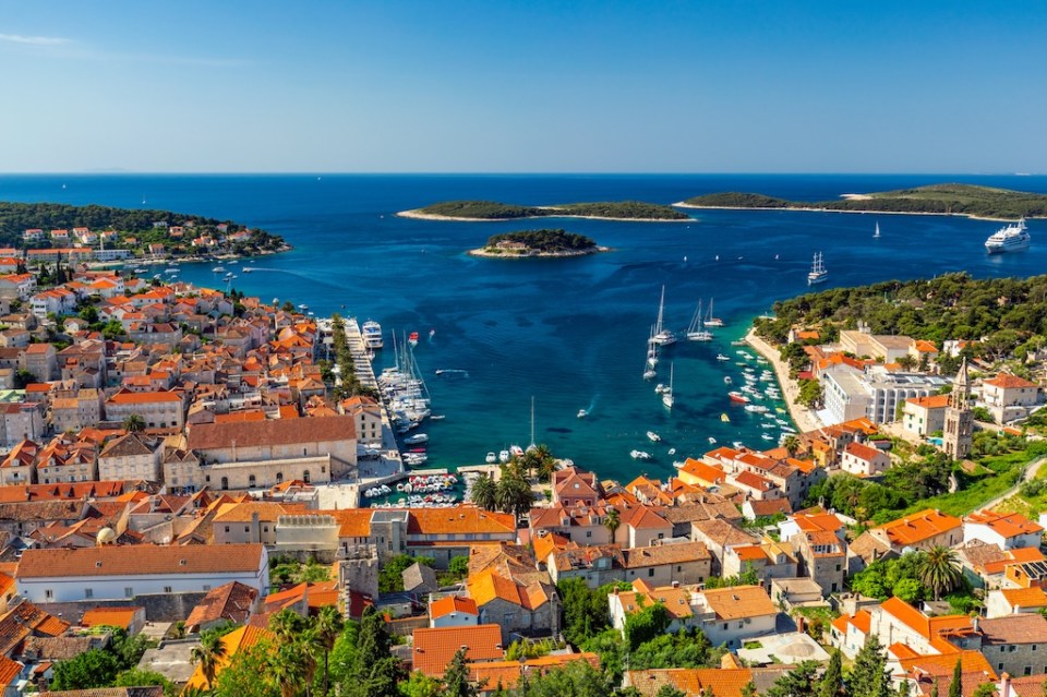 View at amazing archipelago in front of town Hvar, Croatia. Harbor of old Adriatic island town Hvar. 