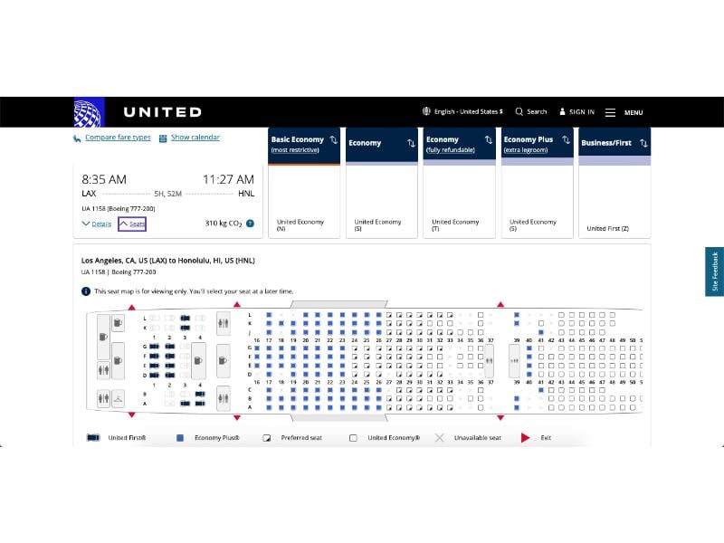 The seat map of a United Airlines 777 - 200 with the old first class