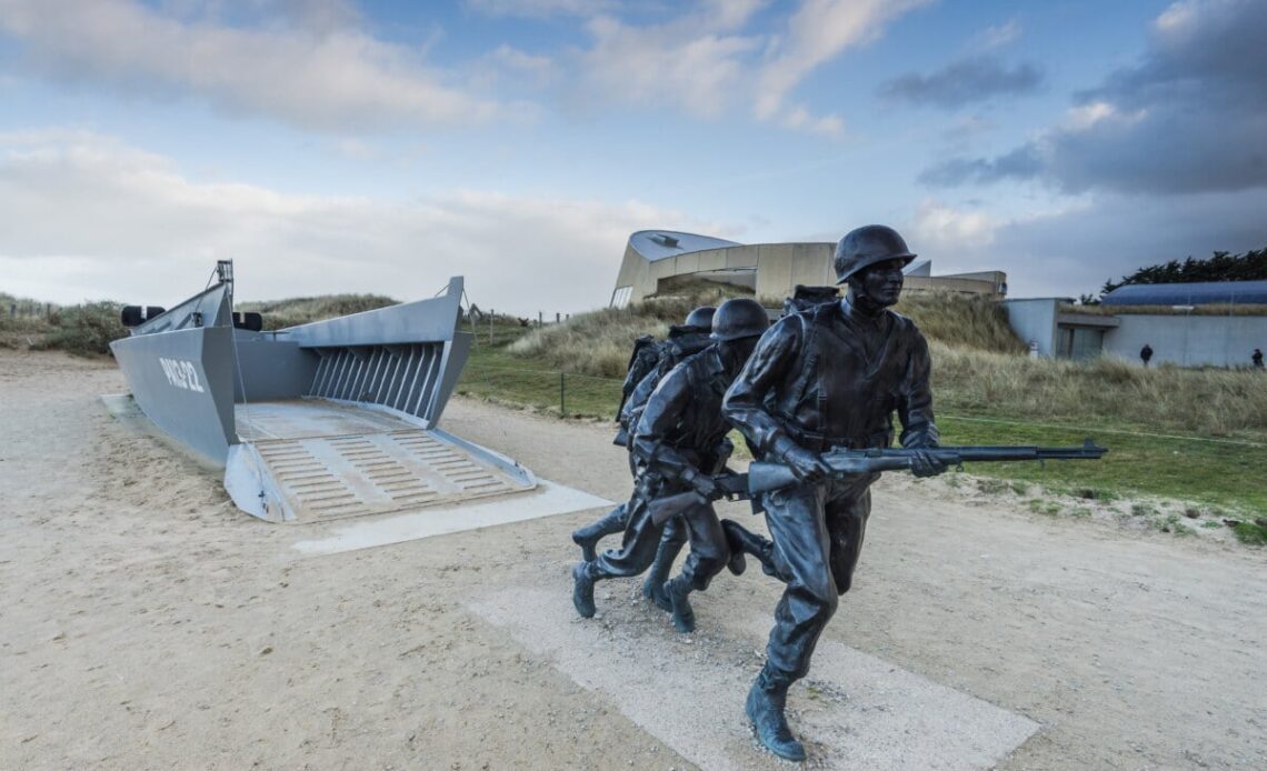 Soldier sculptures at Normandy's Utah Beach Invasion Landing Memorial in France