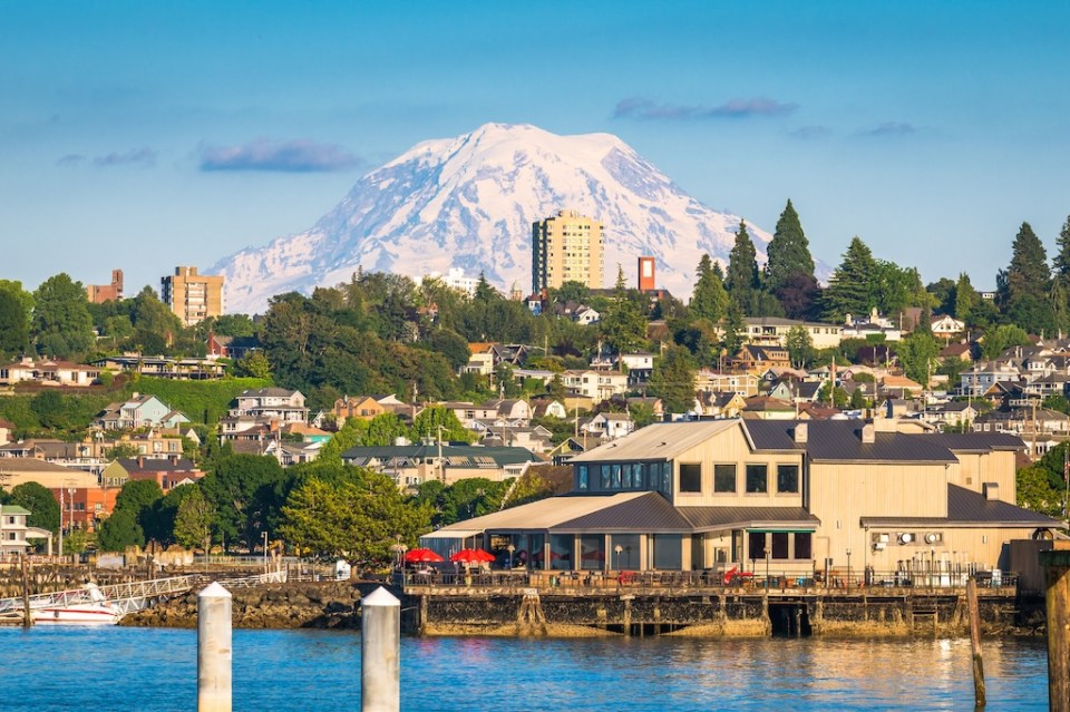 Tacoma, Washington, USA with Mt. Rainier in the distance on Commencement Bay.