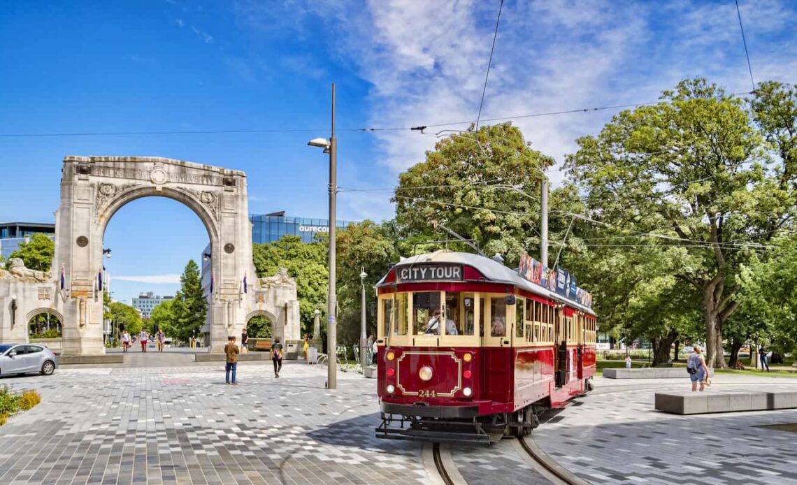 A vintage street car near the Bridge of Remembrance in Christchurch, New Zealand